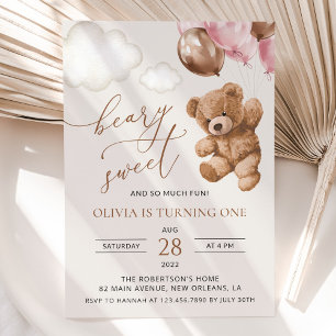 Invitation Ours En Joue, Ballons Roses, Premier Anniversaire