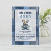 Invitation Ours en patchwork de denim Jouet Bleu Fête de nais (Debout devant)