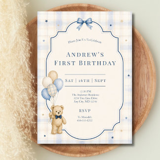 Invitation Ours en peluche 1er Premier Anniversaire Bébé Garç