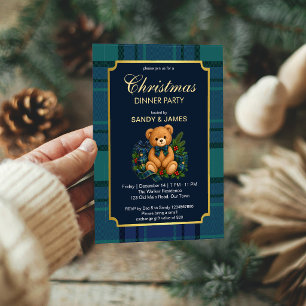 Invitation ours en peluche à carreaux bleu marine pour la fêt