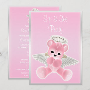 Invitation Ours en peluche ange rose Sip & See