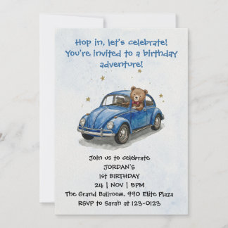 Invitation Ours en peluche aquarelle garçon bleu conduisant u