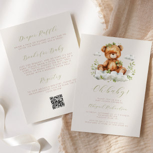 Invitation Ours en peluche au eucalyptus vert Code QR Baby Sh