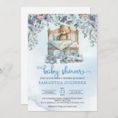 Invitation Ours en peluche aux fleurs bleues et beiges poussi (Devant / Derrière)