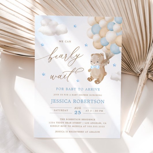 Invitation Ours en peluche avec Baby shower Ballons Bleus