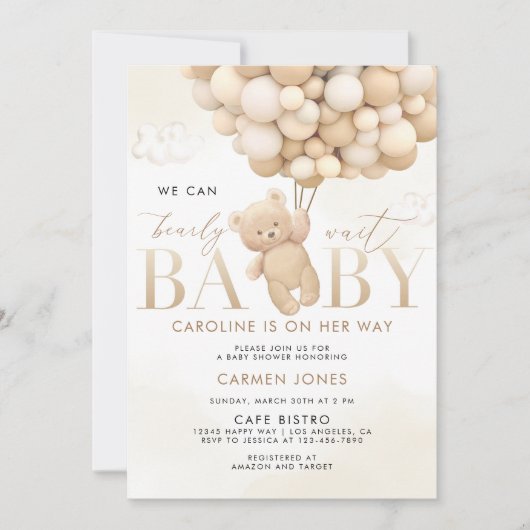 Invitation Ours en peluche avec ballons Baby shower Invitatio (Devant)