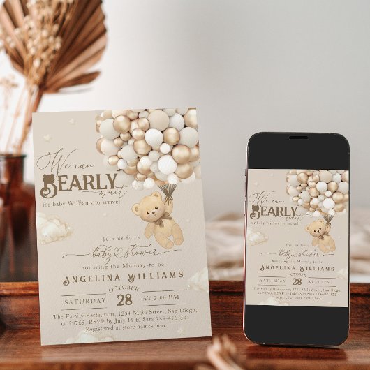 Invitation Ours en peluche avec ballons Baby shower neutre