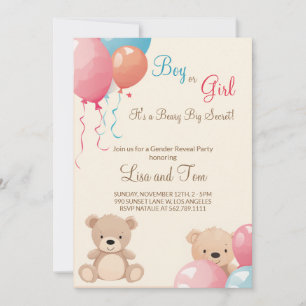 Invitation Ours en peluche avec ballons Révélation de genre g