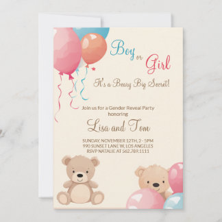 Invitation Ours en peluche avec ballons Révélation de genre g