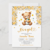 Invitation Ours en peluche avec biberon bébé fleurs jaunes fi (Devant)