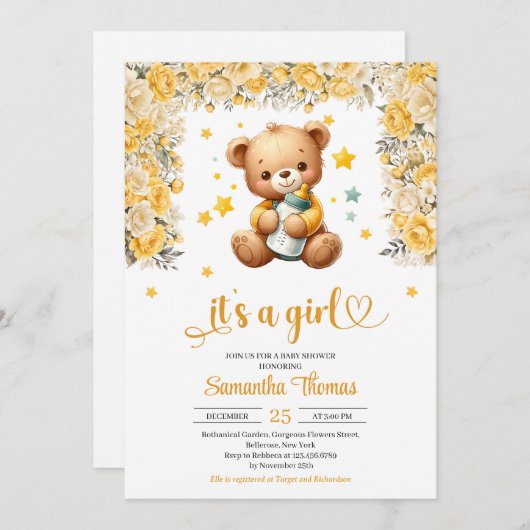Invitation Ours en peluche avec biberon bébé fleurs jaunes fi (Devant / Derrière)