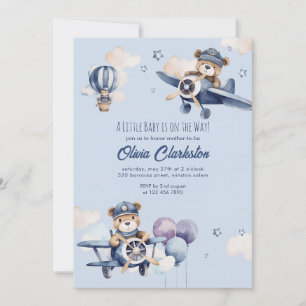 Invitation Ours en peluche avion bleu clair Baby Shower