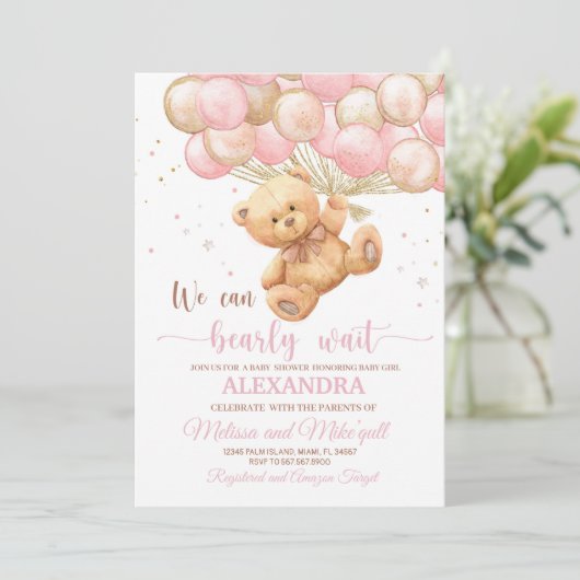 Invitation Ours en peluche Baby shower avec ballons Ours en p (Debout devant)