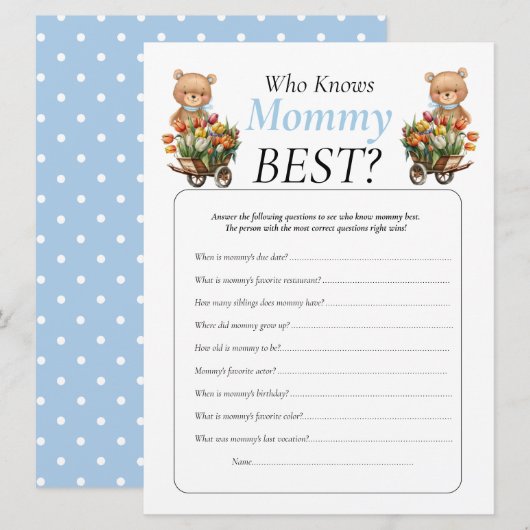 Invitation Ours en peluche Baby Shower Fleur Garçon Qui Sait  (Devant / Derrière)