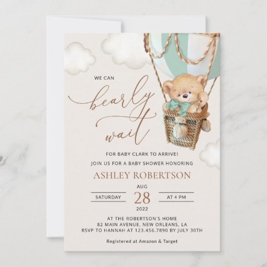 Invitation Ours en peluche, Ballon à air chaud vert, Baby sho (Devant)