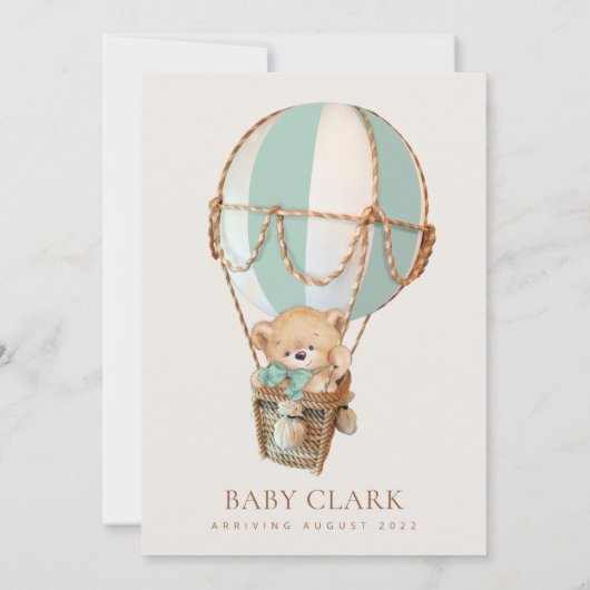 Invitation Ours en peluche, Ballon à air chaud vert, Baby sho (Dos)