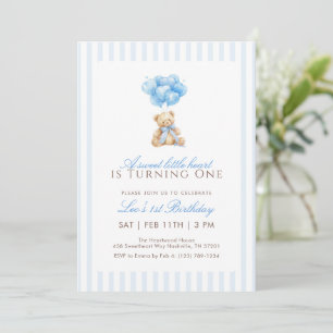 Invitation Ours en peluche ballon coeur bleu 1er anniversaire
