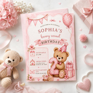 Invitation Ours en peluche, Ballons roses, Deuxième anniversa