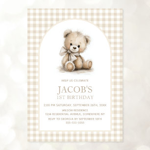 Invitation Ours en peluche beige à carreaux arc pour 1er anni