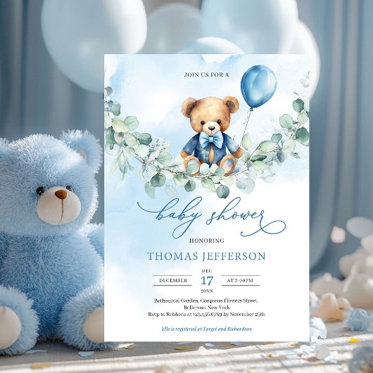 Invitation Ours en peluche bleu et marron avec ballon