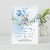 Invitation Ours en peluche bleu et marron avec ballons (Debout devant)