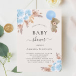 Invitation Ours en peluche bleu pampas Baby shower garçon fle<br><div class="desc">Pour un baby shower de style boho moderne. Arrière - plan blanc. Décoré de fleurs bleu clair,  de roses,  d'herbe de pampas et d'un ours en peluche tenant un ballon bleu. Personnalisez et ajoutez un nom et des détails du parti.</div>