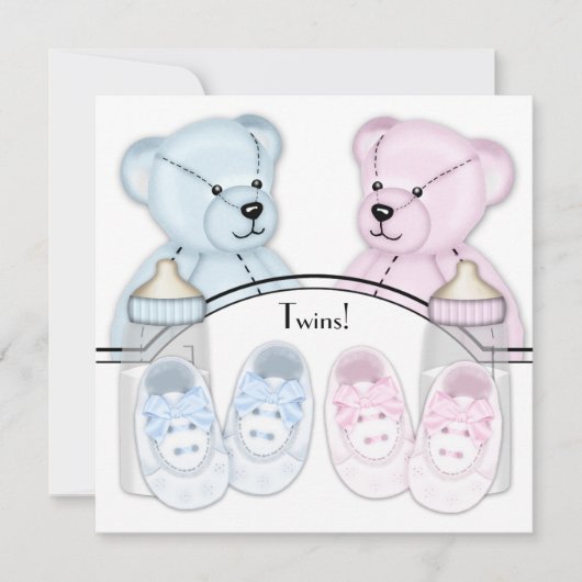 Invitation Ours en peluche bleu rose Twin Baby Shower Invitat (Devant)