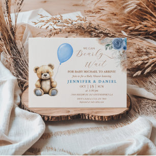 Invitation Ours en peluche bleu rustique Fleurs Ballon Baby S