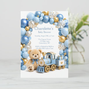 Invitation Ours en peluche Blue Gold Train Garçon Baby Shower