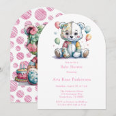 Invitation Ours en peluche brodé fille en patchwork pour bébé (Devant / Derrière)