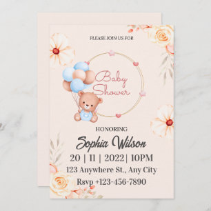 Invitation Ours en peluche Brown bleu avec Baby shower à ball