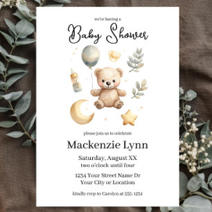 Invitation Ours en peluche céleste Baby Shower aquarelle