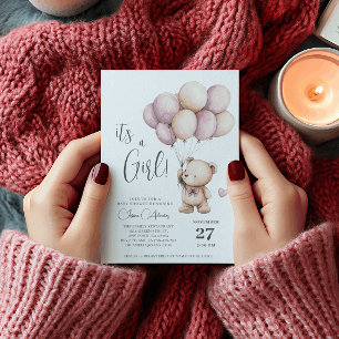 Invitation Ours en peluche C'est une fille Ballons violets be