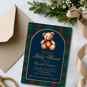 Invitation Ours en peluche classique Baby Shower Navy carreau