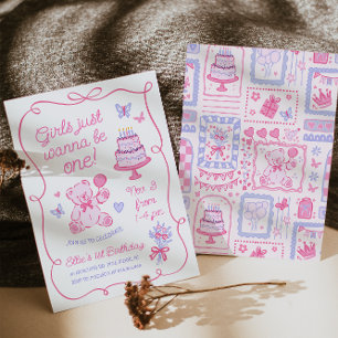 Invitation Ours en peluche Coquette Fantaisiste Rose Dessiné 