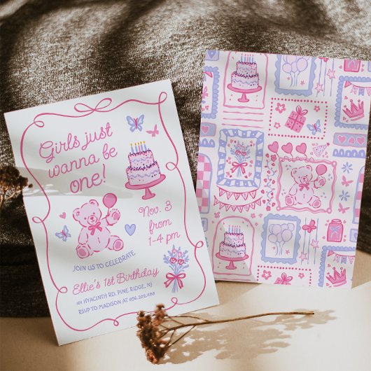 Invitation Ours en peluche coquette fantaisiste rose dessinée