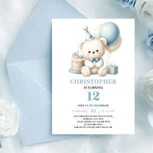 Invitation Ours en peluche élégant ballons bleus garçon anniv