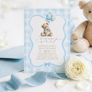 Invitation Ours en peluche Élégant Pastel Bleu Gingham Baby S