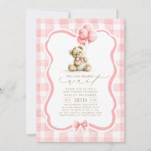 Invitation Ours en peluche Élégant Pastel Rose Gingham Baby S