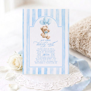 Invitation Ours en peluche Élégantes Rayures Bleu Pastel Baby