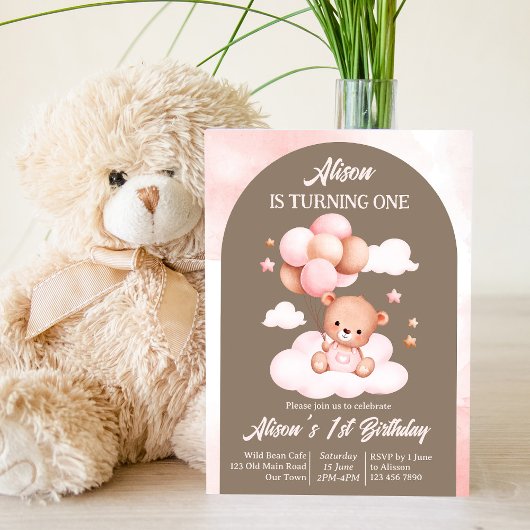 Invitation Ours en peluche en arc rose et marron avec fête de