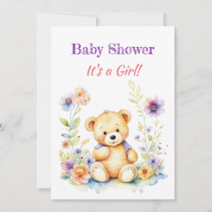 Invitation Ours en peluche en fleurs Baby shower de fille