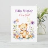 Invitation Ours en peluche en fleurs Baby shower de fille (Debout devant)