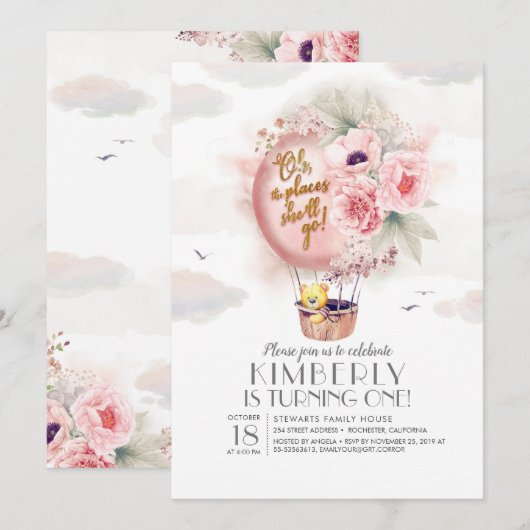 Invitation Ours en peluche et ballon à air chaud floral Anniv (Devant / Derrière)