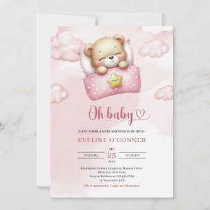 Invitation Ours en peluche fille aquarelle rose poudré et ivo