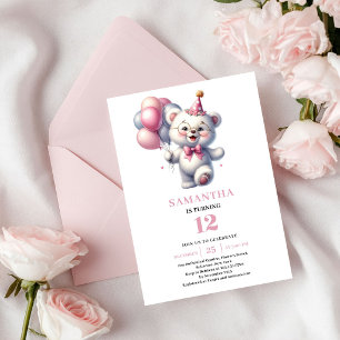 Invitation Ours en peluche Fille Rose Ballons Crème Anniversa