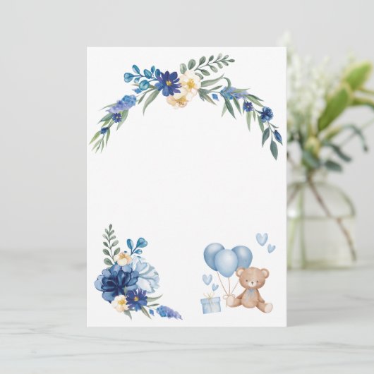 Invitation Ours en peluche Fleur aquarelle vierge Ballon Bleu (Debout devant)