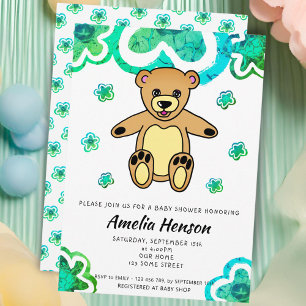 Invitation Ours en peluche Fleurs Vertes Floral Baby Shower 