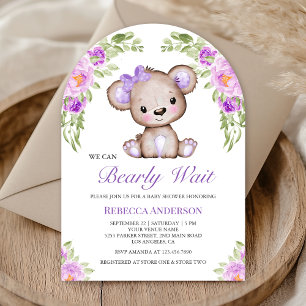 Invitation Ours en peluche floral violet pour Baby Shower en