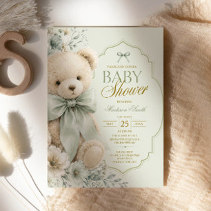 Invitation Ours en peluche garçon vert sauge Baby Shower
